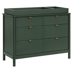 a green dresser with gold handles and drawers on the bottom, in front of a white background