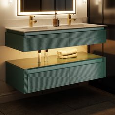 a bathroom vanity with two sinks under a mirror and lights on the wall above it