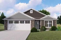 this is an artist's rendering of the front of a house with two garages