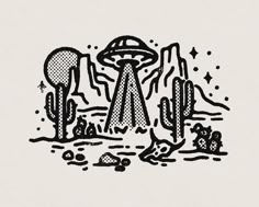 a black and white drawing of an alien spaceship in the desert with cactuses around it