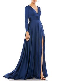 Women's Wedding Guest Dresses | Dillard's Vestidos Color Coral, Verde Smeraldo, Satin Dress Long, Mac Duggal Dresses, Unique Prom Dresses, Long Sleeve Gown, Prom Designs, Designer Prom Dresses, Floor Length Skirt