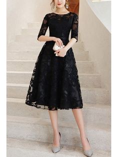 Aline Lace Knee Length Party Dress With Half Sleeves Black Tea Length Dress, Black Aline Dress, Formal Dresses Knee Length, Full Skirt Dress, Black Dress Formal, Evening Dresses Short, Wedding Party Dress, Party Gown, Black Wedding Dresses