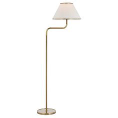 a floor lamp with a white shade on the base and a gold colored metal pole