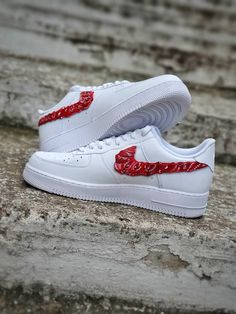 Custom Nike AF1 Kicks The "Bandana Swoosh" Sneakers -OUR WORK All of my artworks are handpainted and unique! This is the reason why i prefer to paint everytime different designs. The shoes are ordered in to be painted according to your custom requirements. The photos in this listing are an example so as to understand the quality and the details that my artworks have. They are totally hand painted using special Angelus acrylic colours and special LK finisher, one of the best in the market Price includes 100% full brand new original sneakers of your choise (Nike, adidas, Vans, Converse etc.) -SHIPPING 2-3 days in Greece 1-2 weeks in EUrope 2-3 weeks in US & Other countries -YOUR ORDER * Please contact me before your order as some shoe models may be out of stock so we can discuss for a simila Bandana Nike, Painted Af1, Af1 Nike, Custom Bandana, Jordan Fits, Nike Custom, Alternative Shoes, Custom Painted Shoes, Custom Kicks