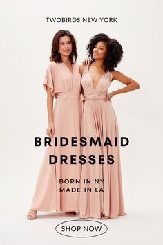 two bridesmaid dresses are shown in front of a white background with the words, shop now