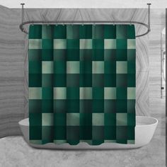 a bathroom with a green shower curtain in the shape of a checkerboard pattern