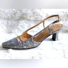 2.5-Inch Heel, Cone Toe, Slingback Buckle, Extra Padding, Silver, And Gold Snake Skin Texture. Snake Skin Texture, Gold Snake, Stuart Weitzman Shoes, 5 Inch Heels, Skin Texture, Silver And Gold, Stuart Weitzman, Snake Skin, Shoes Women Heels