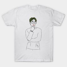 a white t - shirt with a drawing of a man wearing glasses