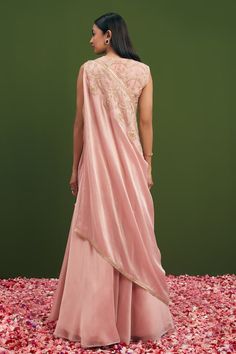 Blush pink blouse featuring zardozi and dori work. Paired with a lehenga that has a sequin embroidered drape. - Aza Fashions Pink Raw Silk Pre-draped Saree With Resham Embroidery, Pink Pre-draped Saree With Gota Work, Pink Raw Silk Blouse Piece For Reception, Designer Pink Dola Silk Pre-draped Saree, Pink Pre-draped Saree In Raw Silk With Resham Embroidery, Pink Silk Pre-draped Saree With Dori Work, Pink Zari Work Pre-draped Saree For Reception, Reception Pink Zari Work Pre-draped Saree, Pink Pre-draped Saree With Zari Work For Reception