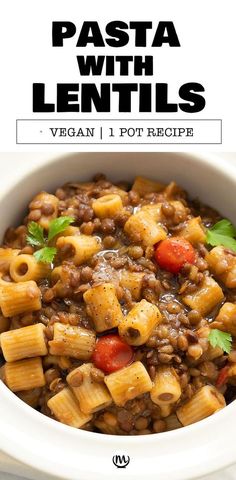 a white bowl filled with pasta and lentils