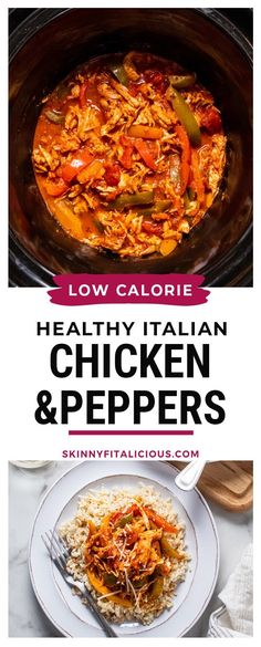 chicken and peppers in a slow cooker with text overlay that reads low calorie healthy italian chicken and peppers