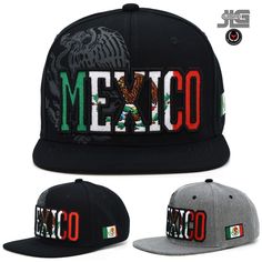 Thank you for shopping - JLGUSA Mexico  FeaturesMexico Eagle Snap back Hat Cap Mexico name 3D Embroidery Across the Front Panel Crown. Eagle printed background. Mexico Flag Side Embroidery. Mexico name Embroidery on the back. All logos and letters on crown embroidered, stitched on  100% Cotton | Flat Bill Contrasting button and grommet ventilation Adult size adjustable with plastic snap back GREAT VALUE - WITH FAST SHIPPING All Hats are shipped in a BOX -------- Buying more than one item from JL Mexico Eagle, Printed Background, Snap Back Hat, Mexico Flag, Eagle Print, Name Embroidery, Back Hat, 3d Embroidery, Printed Backgrounds