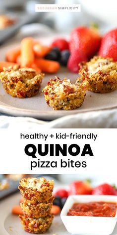 healthy and kid - friendly quinoa pizza bites with fresh fruit in the background