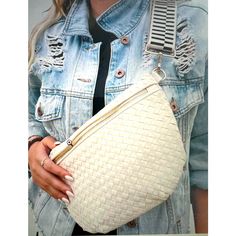 The Woven Bum Bag Is Such A Classy Take On The Crossbody. Including The Fun Block Design The Strap Has, The Bag Also Has A Zipper Closure With Beige And Black Chevron Interior, And A Zippered Stash Pocket On The Inside. This Crossbody Bag Is The Perfect Way To Elevate Your Fall/Winter Look! Measurements: 12"L X 8"H X 24"-46" Adjustable Strap Material: Vegan Leather Color: Cream (Off-White) Gold Hardware Casual Beige Belt Bag With Detachable Strap, Cream Belt Bag For Travel, Chic White Belt Bag For On-the-go, Teal Purse, Rose Handbag, Vera Bradley Tote, Barrel Bag, Blue Tote, Black Chevron