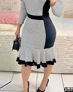 Fisdy - Vestido de trabajo estilo sirena con estampado de lunares Working Dresses, Chique Outfit, Mid Skirt, Ruffle Trim Dress, Work Dress, Slim Fit Dresses, Chic Outfit, Mermaid Fashion, Long Sleeve Bodycon Dress