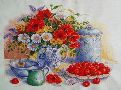 a painting of flowers in a vase and cherries on a table with other items