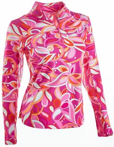 NWT - New With Tags Ladies Womens IBKUL formally ICIKULS UPF 50 Caprese Hot Pink Long Sleeve Mock Neck Golf Tennis Shirt Top - Sizes LARGE,  XL & XXL   It has a zip placket, a mock neck and mesh running down under the sleeves. The ICE FIL fabric is 92% Nylon & 8% Polyurethane which is designed to keep you cool. It is soft and stretchy, wicks the moisture from sweat, has 50+ UPF sun protection, is fast drying and retains it shape after washing. The colors are FUCHSIA, 3 Shades of PINK, Orange, Re Pink Stretch Collared Tops, Pink Collared Stretch Top, Sporty Tops For Golf In Fall, Sporty Golf Tops For Fall, Pink Half-zip Top For Fall, Casual Tops For Golf In Fall, Spring Sports Half-zip Top, Spring Half-zip Sports Top, Pink Sporty Collared Top