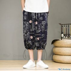 OrcaJump - Printed Wide-Leg Casual Pants with Stylish Splicing Design Casual Patchwork Trousers, Casual Patchwork Harem Pants, Black Patchwork Bottoms For Summer, Casual White Patchwork Bottoms, Casual White Bottoms With Patchwork, Casual White Patchwork Pants, Drawstring Pants Men, Men Workwear, Streetwear Trousers