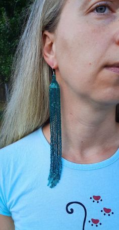 Turquoise extra long beaded earrings. Fringe earrings. Shoulder duster. Turquoise Beaded Fringe Tassel Earrings For Festival, Long Drop Fringe Jewelry For Festivals, Elegant Turquoise Beaded Earrings With Fringe, Elegant Turquoise Tassel Earrings With Fringe, Elegant Turquoise Tassel Fringe Earrings, Elegant Turquoise Earrings With Fringe, Turquoise Beaded Fringe Dangle Tassel Earrings, Long Beaded Earrings, Shoulder Duster Earrings