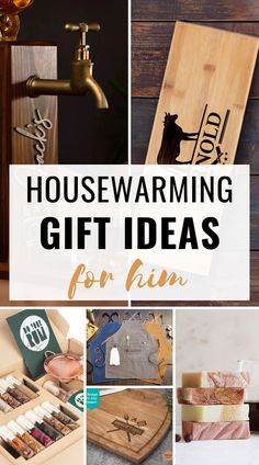 the words housewarming gift ideas for him and her are displayed in different pictures