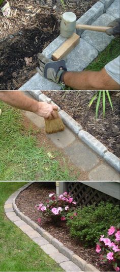 two pictures showing how to use a broom in the garden, and cleaning it with a brush