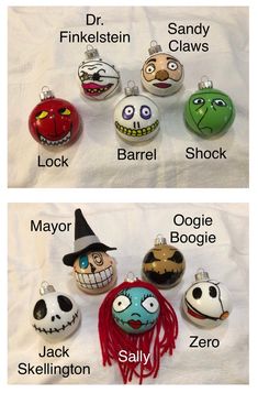 christmas ornaments with different faces and names on them