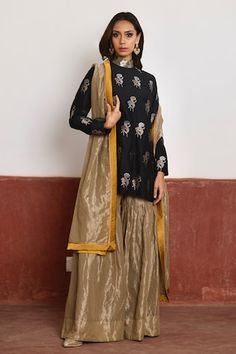 Black polo neck short kurta in handloom brocade with floral woven patterns. Comes with champagne grey tissue sharara. - Aza Fashions Tissue Sharara, Black Polo Neck, Black Kurta, Short Kurta, Handwoven Fabric, Sharara Set, Black Polo, Polo Neck, Set For Women