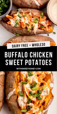 baked buffalo chicken sweet potatoes on a white plate