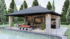 an outdoor kitchen next to a swimming pool