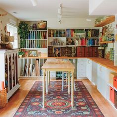 the room has many bookshelves and shelves in it, along with a rug on the floor