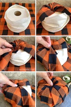 four pictures showing how to make a buffalo plaid bow for a pumpkin wreath with ribbon