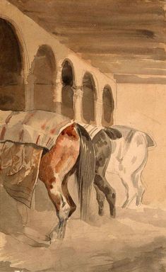 two horses standing next to each other in front of a building with arched doorways