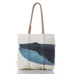 Sea Bags Recycled Sail Cloth Blue Whale Medium Tote - Whales are fascinating creatures and are symbolic of ocean conservation. The largest whale of all fits nicely on our recycled sail tote, wrapping all the way around to both sides of the bag. The original illustration depicts the size, beauty, and mystery of Blue Whales, the largest known animal to have ever existed. This durable tote is a stylish and earth-friendly solution for days on the beach, shopping, and even whale watching trips. Hand= Whale Shark Bag, Whale Mini Bag, Whale Shark Purse, Eco-friendly Blue Beach Bag For Summer, Eco-friendly Blue Bucket Beach Bag, Largest Whale, Boat Bag, Recycled Sailcloth, Sail Bag