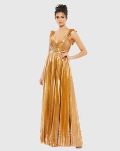 Pleated Ruffled Sleeveless Gown Gold Sleeveless Maxi Dress For Gala, Glamorous Gold Dresses With Ruffles, Chic Gold Gown For Gala, Glamorous Gold Dress With Ruffles, Glamorous Spring Gala Evening Dress, Glamorous Spring Evening Dress For Gala, Luxury Sleeveless Maxi Dress For Prom Season, Sleeveless Evening Dress For Summer Gala, Sleeveless Summer Evening Dress For Gala