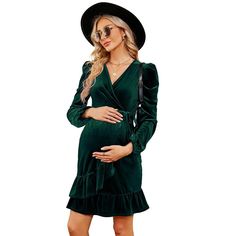 The velvet maternity dress features puff sleeve, ruffle hem, solid color, high waist, flowy swing, making the maternity fall dress elegant and flattering. Fitted Long Sleeve Maternity Dress With Ruffles, Dark Green Maternity Dress, Fall Maternity Dress, Velvet Maternity Dress, Baby Shower Photoshoot, Shower Photoshoot, Ribbed Bodycon Midi Dress, Sheer Maxi Dress, Fall Maternity