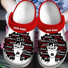 Get your product: Custom Name Delta Sigma Theta Girl Red White Clogs Shoes
1. PRODUCT INFORMATION:

Incredibly light and fun to wear.
Water-friendly and buoyant; weighs only ounces.
Ventilation ports add breathability and help shed water and debris.
Easy to clean and quick to dry.
Upper: Croslite.
Lining: Croslite.
Sole: Croslite.
2. SIZE CHART:
3. RETURN:
We will gladly issue you a replacement item or issue a refund back to your original form of payment for any of the following reasons:
You rec Clogs Crocs, Girls Clogs, White Clogs, Crocs Classic Clogs, Delta Sigma Theta, Clogs Shoes, Crocs Shoes, Birthday Gifts For Girls, Shoes For Men