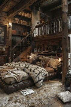 a bedroom with a bed, bookshelf and stairs in the room that is made out of wood