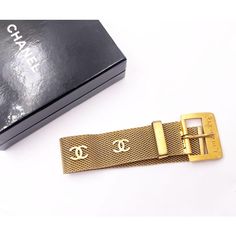 This is part of Chairish’s Costume Jewelry assortment.  Chanel Rare Vintage Gold Plated CC Mesh Belt Bracelet   *Marked 95 *Made in France *Comes with the original box  -It is approximately 6" to 7" from the 1st hole to the 3rd hole. The total length is 9". -It is very rare and classic. -In a good condition. The color has faded a little bit. Luxury Adjustable Jubilee Cuff Bracelet, Designer Gold Cuff Bracelet, Luxury Adjustable Gold Bracelet, Designer Gold Bracelets, Designer Gold Bracelets With Jubilee Bracelet, Designer Gold Bracelets With Jubilee Style, Designer Gold Bracelet With Jubilee Band, Luxury Jubilee Bracelet Fashion Accessory, Designer Gold Bracelets As Gift