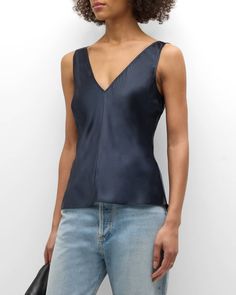 Get free shipping on FRAME Savannah Silk V-Neck Tank Top at Neiman Marcus. Shop the latest luxury fashions from top designers. Silk Cami Top, Denim Essentials, Silk Tank Top, Yoga Tank Tops, V Neck Tank Top, Silk Tank, White Tank Top, Silk Top, Black Tank Tops