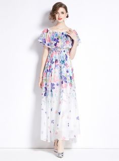 Envision a serene walk through a flourishing garden with this ethereal floral maxi dress. Its whisper-soft chiffon fabric floats around the body, featuring a symphony of pastel florals that bloom against an immaculate white backdrop. The dress offers an off-shoulder neckline draped with a delicate ruffle, adding a romantic flair that’s reminiscent of the first blush of spring. An elasticized waist cinches gently, providing comfort and definition, while the full, flowing skirt glides gracefully t Spring Floral Print Chiffon Dress, Spring Summer Chiffon Dress For Garden Party, Summer Chiffon Dress For Spring Garden Party, Bohemian Floral Chiffon Dress For Spring, Bohemian Floral Print Chiffon Dress For Spring, White Bohemian Chiffon Dress For Spring, Bohemian Chiffon Dress With Floral Print For Spring, Summer Style Spring Chiffon Maxi Dress, Spring Chiffon Feminine Maxi Dress