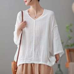 Details: Type: Women Solid Color V-Neck Creases Cotton Linen Blouses Material: Cotton & Linen Sleeve Length: Long Sleeves Pattern: Solid Color Color: Pink, Green, Purple, Gray, White Style: Loose, Retro Size Bust Sleeves cm inch cm inch M 110 43.31 30 11.81 L 112 44.09 31 12.20 XL 116 45.67 32 12.60 2XL 120 47.24 33 12.99 3XL 124 48.82 34 13.39 4XL 128 50.39 35 13.78 Linen Blouses, Blouse Material, Vest Shirt, Linen Blouse, Purple Gray, Sleeves Pattern, White Style, Dress Accessories, Bottoms Pants