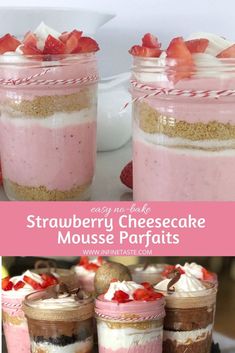 strawberry cheesecake mousse parfaits in jars with strawberries on top