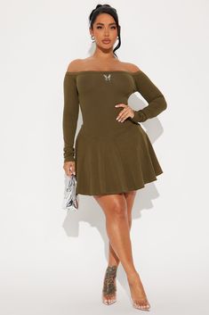 Available In Olive. Off Shoulder Mini Dress Long sleeves 3D applique Pleated Stretch Length = 30" Self: 95% Cotton 5% Spandex Imported | Fairy Wings Off Shoulder Mini Dress in Olive Green size 3X by Fashion Nova 3d Applique, Off Shoulder Mini Dress, Olive Fashion, Dress Long Sleeves, Fairy Wings, Gal Gadot, Dress Long, Women's Dresses, Olive Green