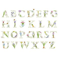 the letters are made up of flowers and plants in each letter's uppercase