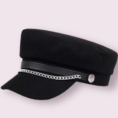 Newsboy Hat With Chain And Military Style Buttons. Adjustable With Inside Hidden Ties. Newsboy Hat, News Boy Hat, Newsboy Cap, Military Style, Military Fashion, Hat Designs, Black Silver, Women Fashion, Women Accessories