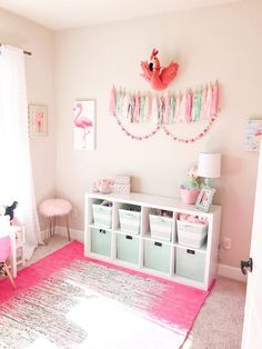 Pink and mint girls playroom tour! Tassels, wool ball garland, flamingos. Girly Playroom, Girls Playroom, Toddler Playroom, Toddler Girl Room, Pink And Mint, Ball Garland, Toddler Rooms, Toddler Bedrooms