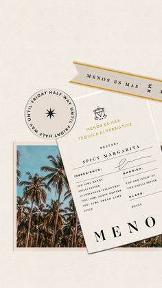 an image of a menu with palm trees in the background and a stamp on it