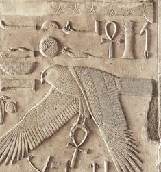 an ancient egyptian carving with birds and symbols