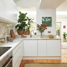 a kitchen with lots of white cabinets and plants in the middle of the counter top