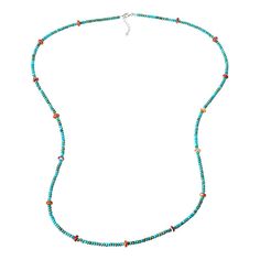 KALIFANO Turquoise-Color Howlite and Spiny Oyster Shell 38" Necklace  Expand your accessorizing options with this extra-long gemstone bead necklace. The colorful necklace features turquoise-color howlite beads with orange spiny oyster shell accents. You can wear it long and knotted or wrapped around your neck for a lovely, layered look!       Approx. 38"L x 1/8"W with 1" extender     Stamped .925     Lobster claw clasp     Necklace comprised of rondelle-shaped, turquoise-color howlite beads with orange spiny oyster bead accents   Stone Information       All sizes and weights approximate     Color-Enhanced Turquoise-Color Howlite - Rondelle (4.1mm)     Orange Spiny Oyster Shell - Rondelle (8mm) Colorful Necklace, Gemstone Beaded Necklace, Clasp Necklace, Color Bands, Spiny Oyster, Oyster Shell, Colourful Necklace, Turquoise Color, Layered Look